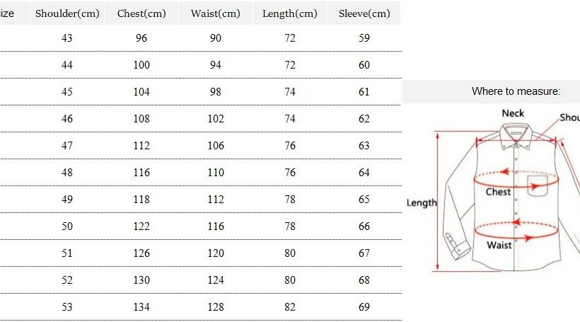 Size chart dress shirt men