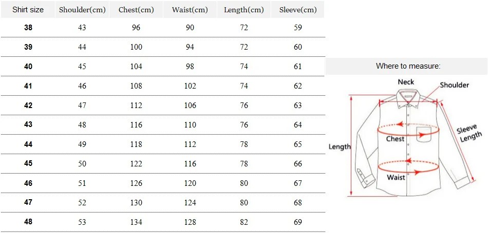 Size chart dress shirt men